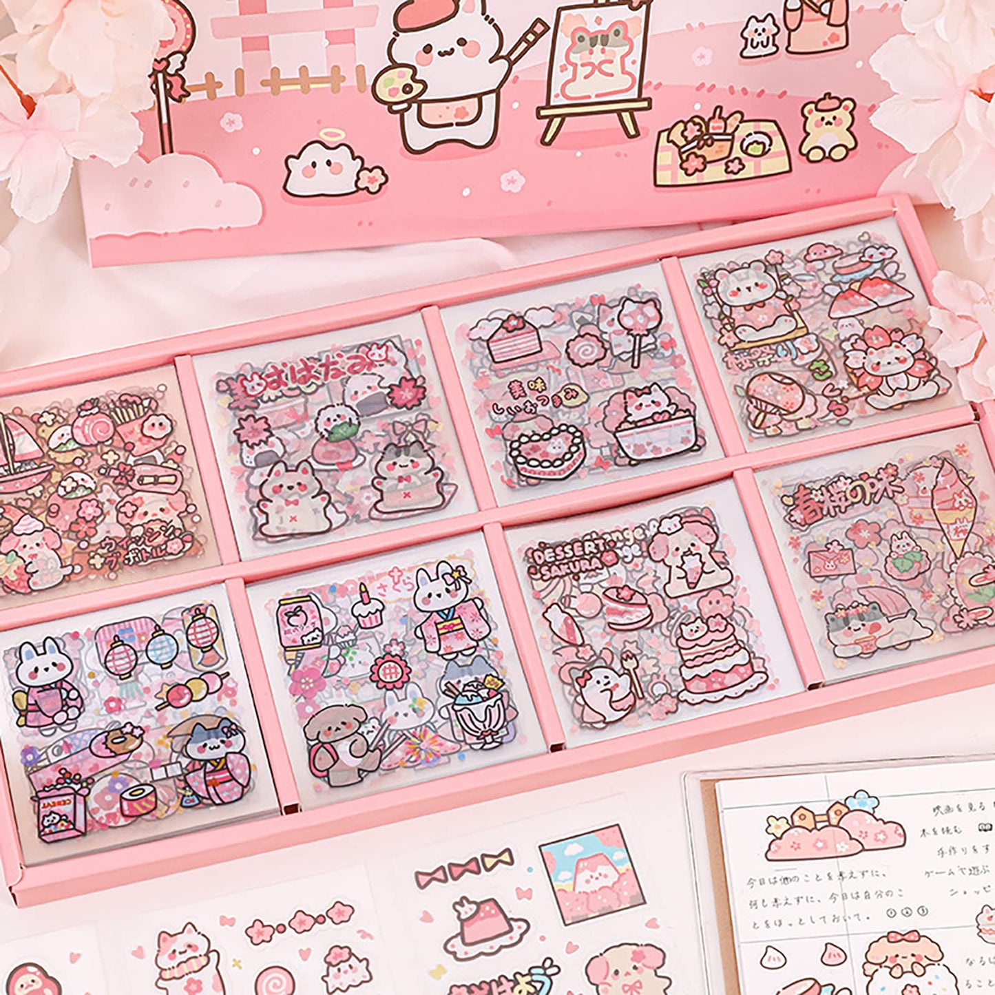Doraking Kawaii Cute Animal Stickers for Journaling Scrapbooking, Vinyl Transparent Flower Stickers for Water Bottle Laptop, 200 Sheets Aesthetic Sticker Boxed Gifts for Teens Adults