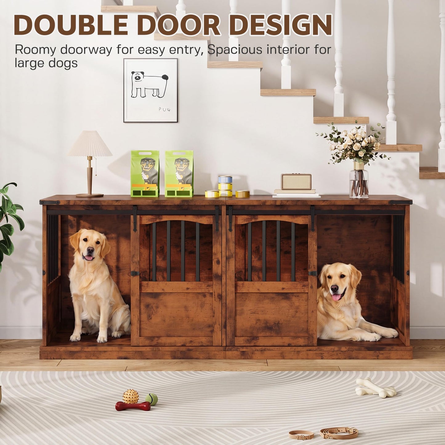 Homiflex Double Dog Crate Furniture with Barn Sliding Doors, 72" Large Dog Kennel Furniture Indoor with Divider for 2 Medium Large Dogs, Heavy Duty Wooden Dog Cage Decorative TV Stand, Brown