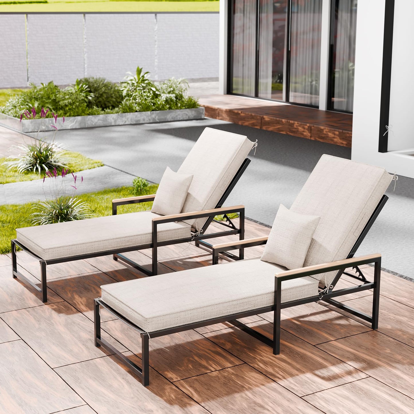 Chaise Lounge Cushions Outdoor Set of 2, Olefin Waterproof and Fade Resistant Patio Furniture Lounge Chair Cushions with Removable Cover, Lounger Pad with Handle & 16 Strap, 80x26x3 Inch, Light Beige