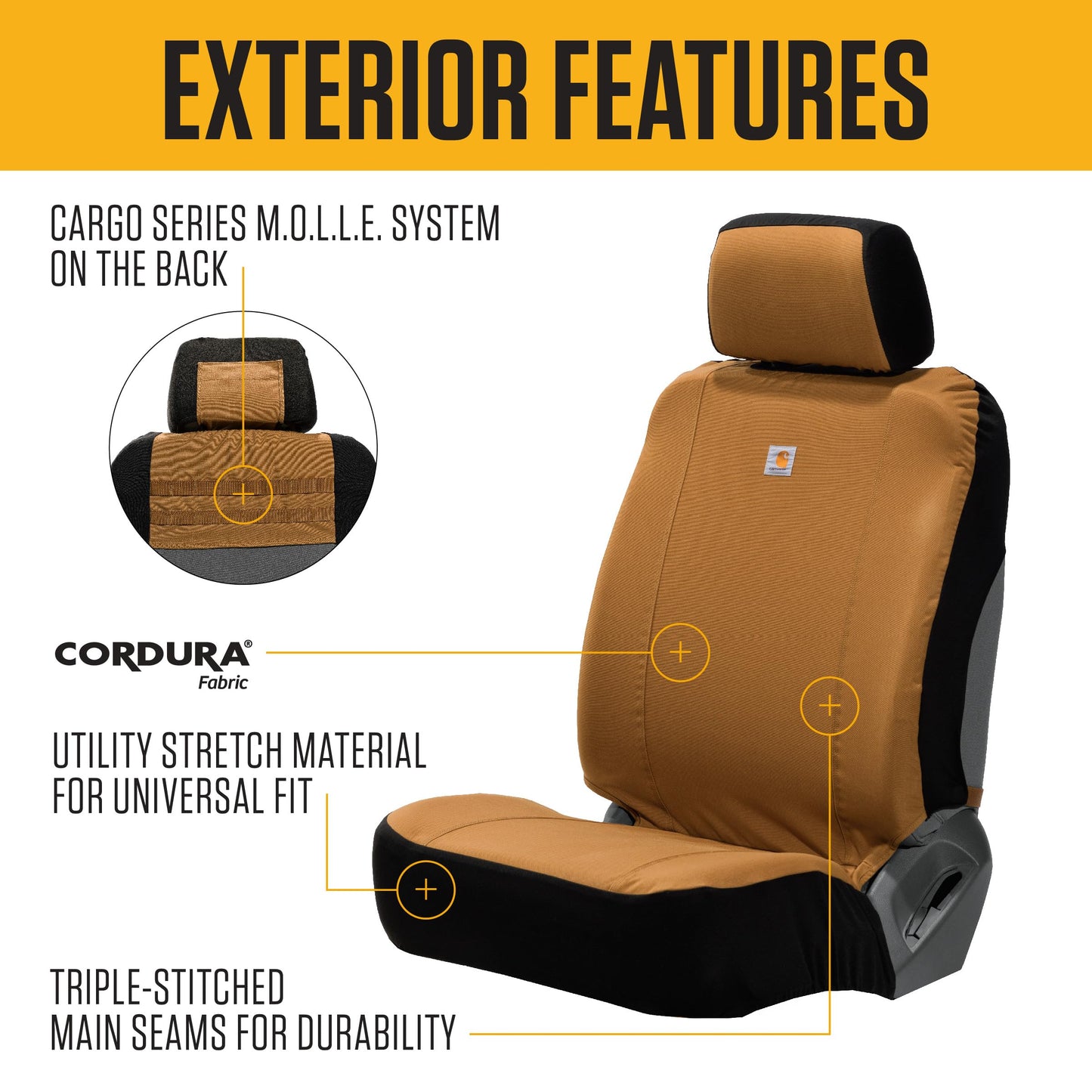 Carhartt Universal Nylon Duck Canvas Fitted Bucket Seat Cover, Durable Seat Protection with Rain Defender, Single, Black