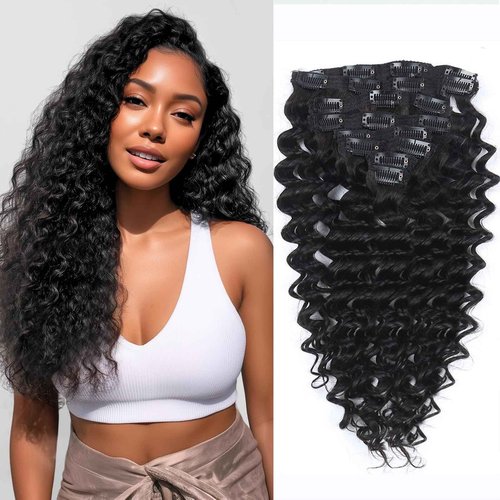 Curly Clip in Hair Extensions Real Human Hair 24inch 120g Invisible & Seamless 100% Brazilian Remy Human Extension Deep Wave Clip ins Extensions Double Weft 8 PCS with 20 Clips Natural Black