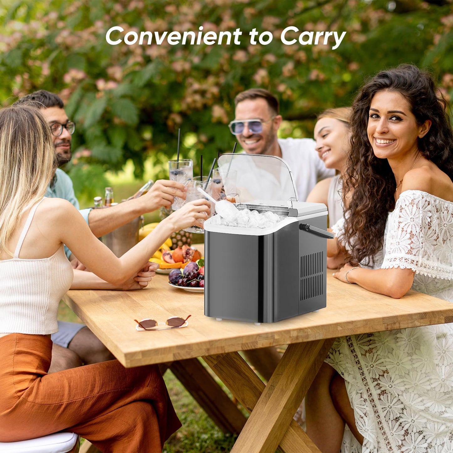 DUMOS Countertop Ice Maker, Portable Ice Machine Self-Cleaning, 9 Cubes in 6 Mins, 26.5Lbs/24H, 2 Sizes of Bullet Ice, Ice Scoop, Basket & Handle, Ice Cube Maker for Home Kitchen Party,1.5 L, Black