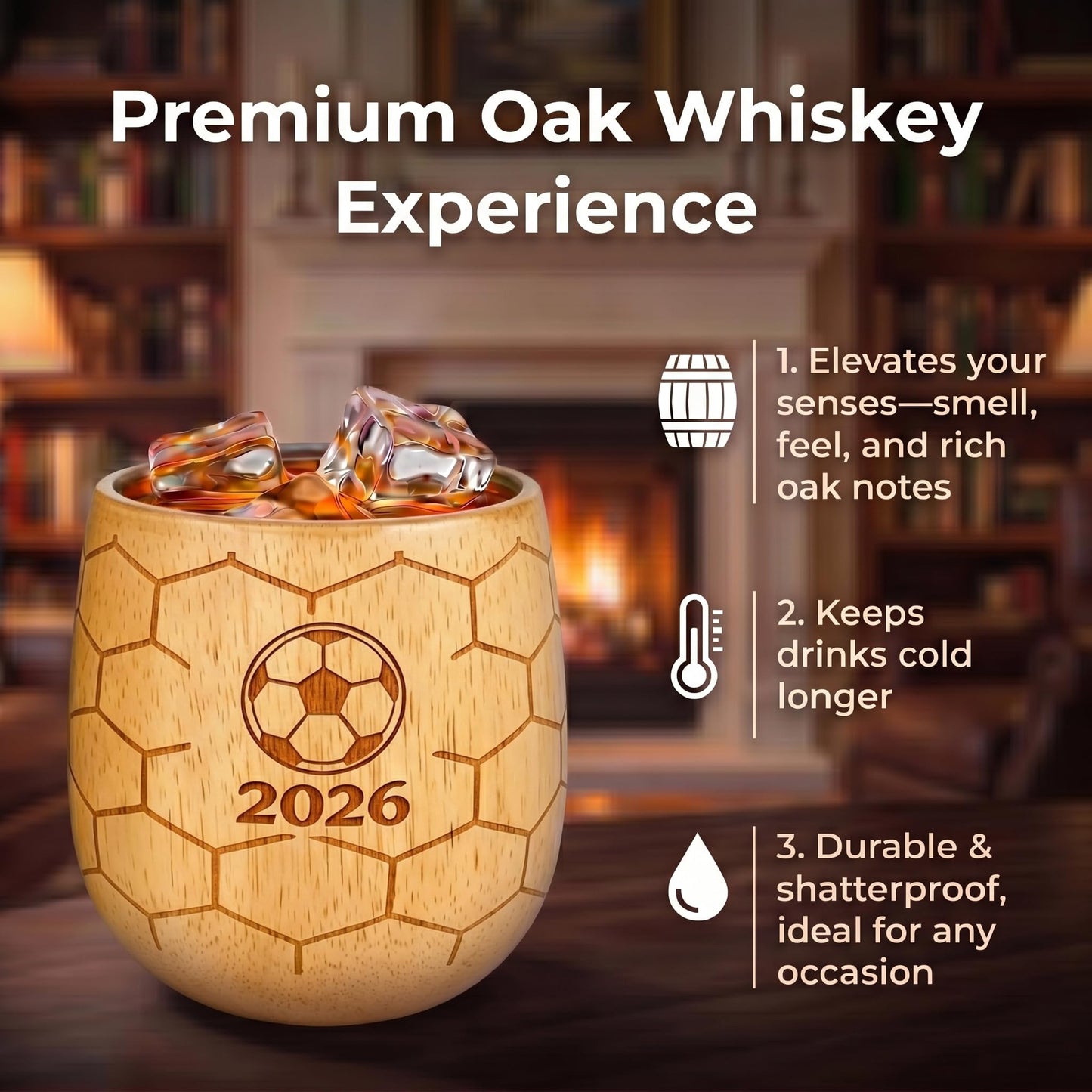 Charred Wooden Whiskey Glasses, 2026 Limited Edition Old Fashioned Glass Set, Unique Gifts for Men Who Love Soccer – for Dad, Brother, or Husband (2 Pack)
