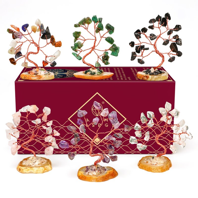 KARMAPLEDGE Set of 6 Crystal Trees Unique Birthday Gifts for Women, Mom & Dad, Slice Base Handmade Reiki Healing Stones for Home, Office Desk Decor, Bring Money, Positivity, Spiritual Good Luck Gifts