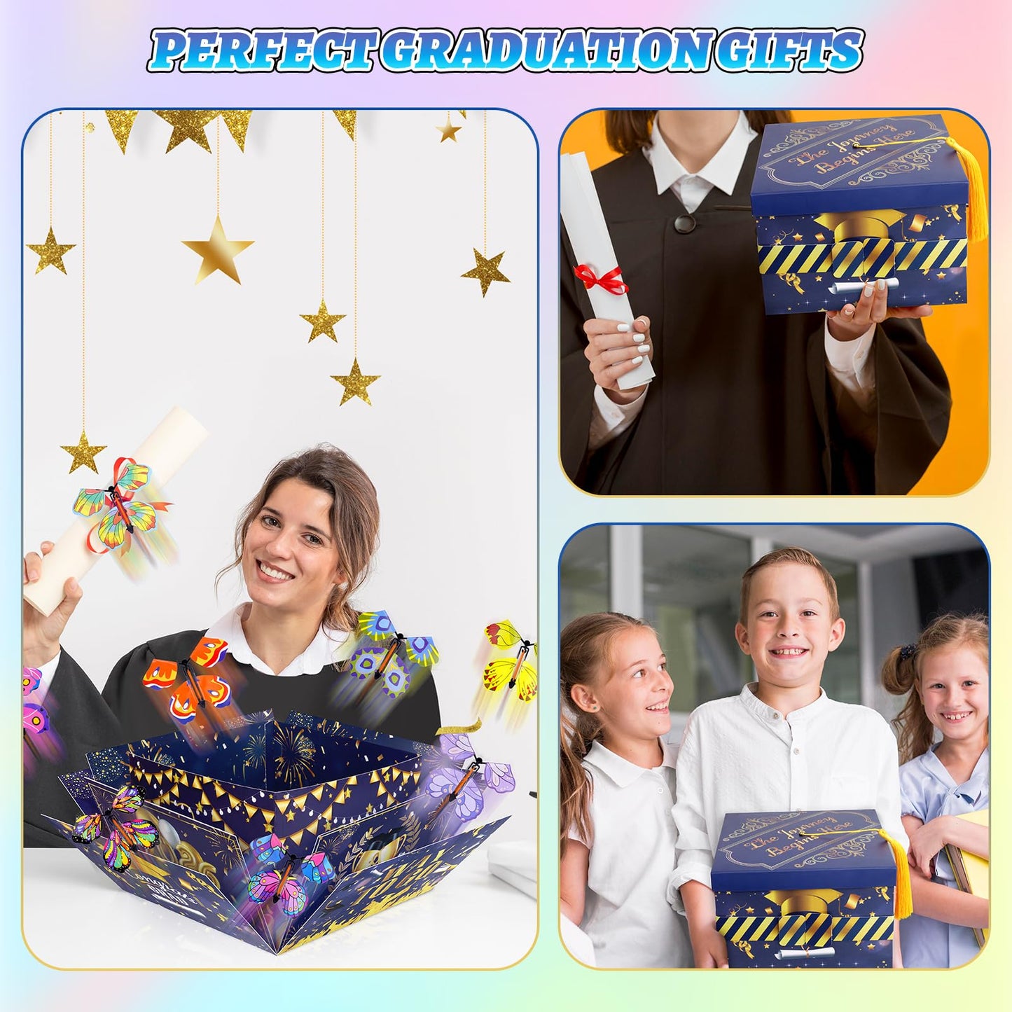 Prewplam 2026 Flying Butterfly Surprise Box, Graduation Gift Boxes with 8 Pcs Flying Butterfly, Explosion Graduation Gift Box High School College Graduation Party Favors - Blue and Gold