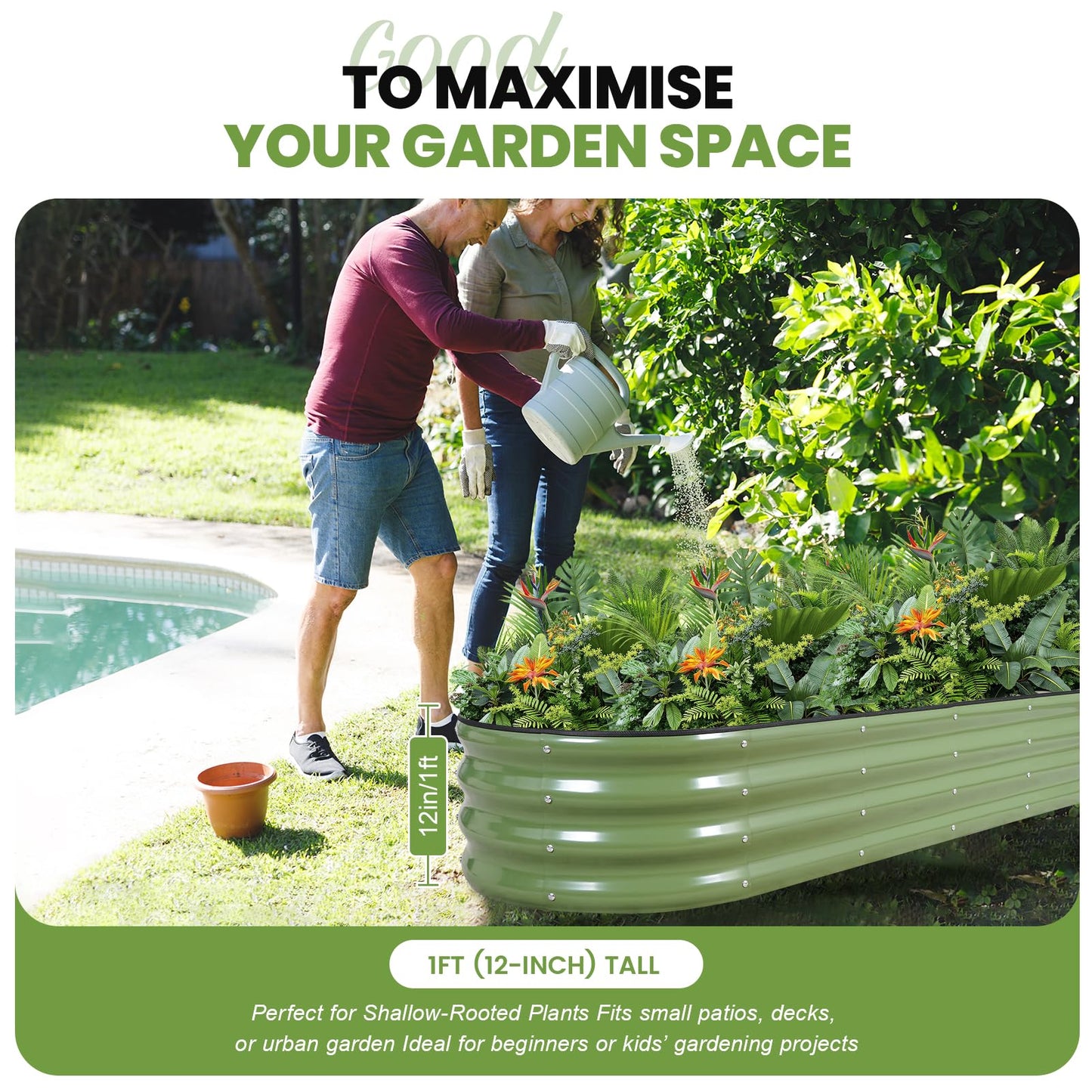 G GOOD GAIN Raised Garden Beds - 8x2x1ft Galvanized Planter Boxes Kit with Protective Tape & Gloves & Tools | Oval Metal Outdoor Raised Bed for Gardening Vegetables, Fruits, Flowers, Herbs, Oliver