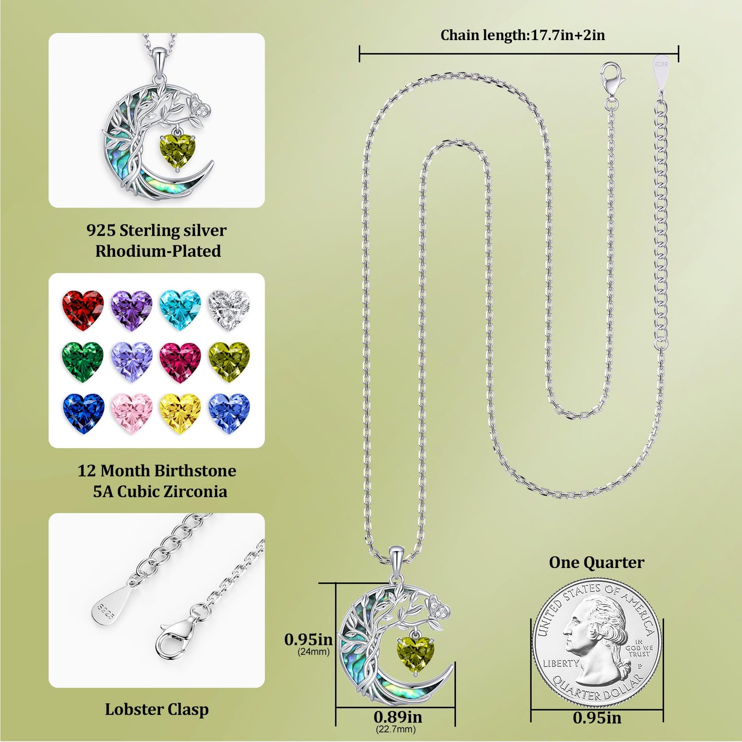 Distance Tree of Life Birthstone Necklace for Women, S925 Sterling Silver Premium Abalone Shell Moon Pendant August Heart Birthstone Necklace, Peridot Jewelry Christmas Birthday Gifts for Her Mom Wife