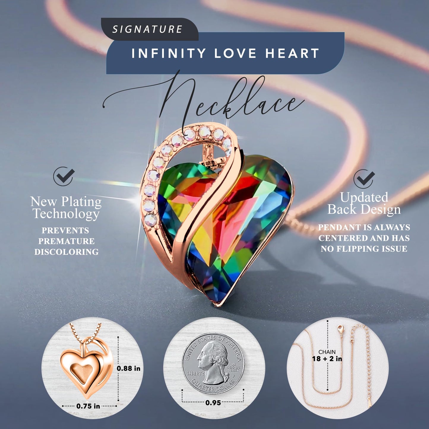 Leafael Gifts for Women Rose Gold Plated Necklaces: Heart Shaped Rainbow Black Healing Crystal, Cubic Zirconia, Hypoallergenic Chain (18"+2"), Jewelry for Anniversaries and Birthdays