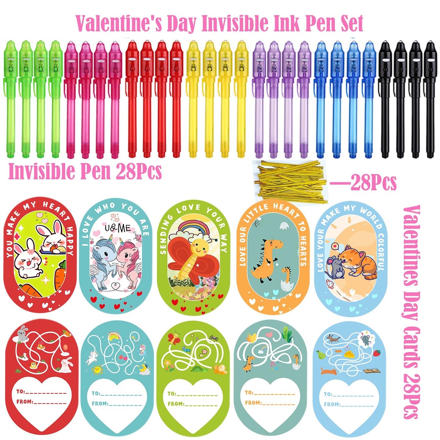 SCStyle 56 Pcs Party Favors | Valentines Day Cards 28Pcs and 28 Invisible Ink Pen with UV Light,Writing Secret Information Bag Gifts for Students Classroom Favors,Valentines Day for Kids Gifts Set