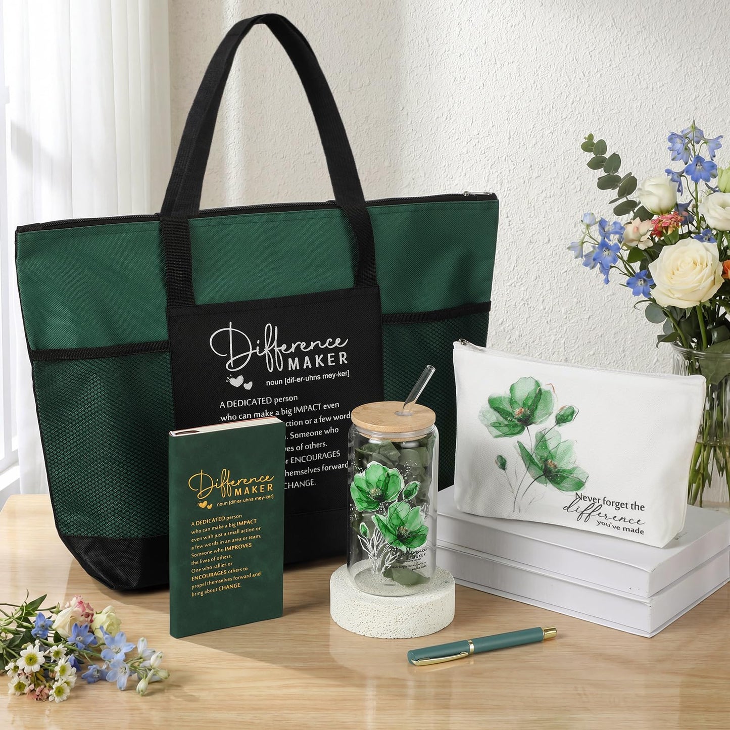 Meanplan 5 Pcs Difference Maker Gifts for Women Employee Appreciation Journal Tumbler Tote Bag Makeup Bag You Make a Difference Pen for Volunteer Nurse Coworker Lab Week Mother Day(Green,Flowers)