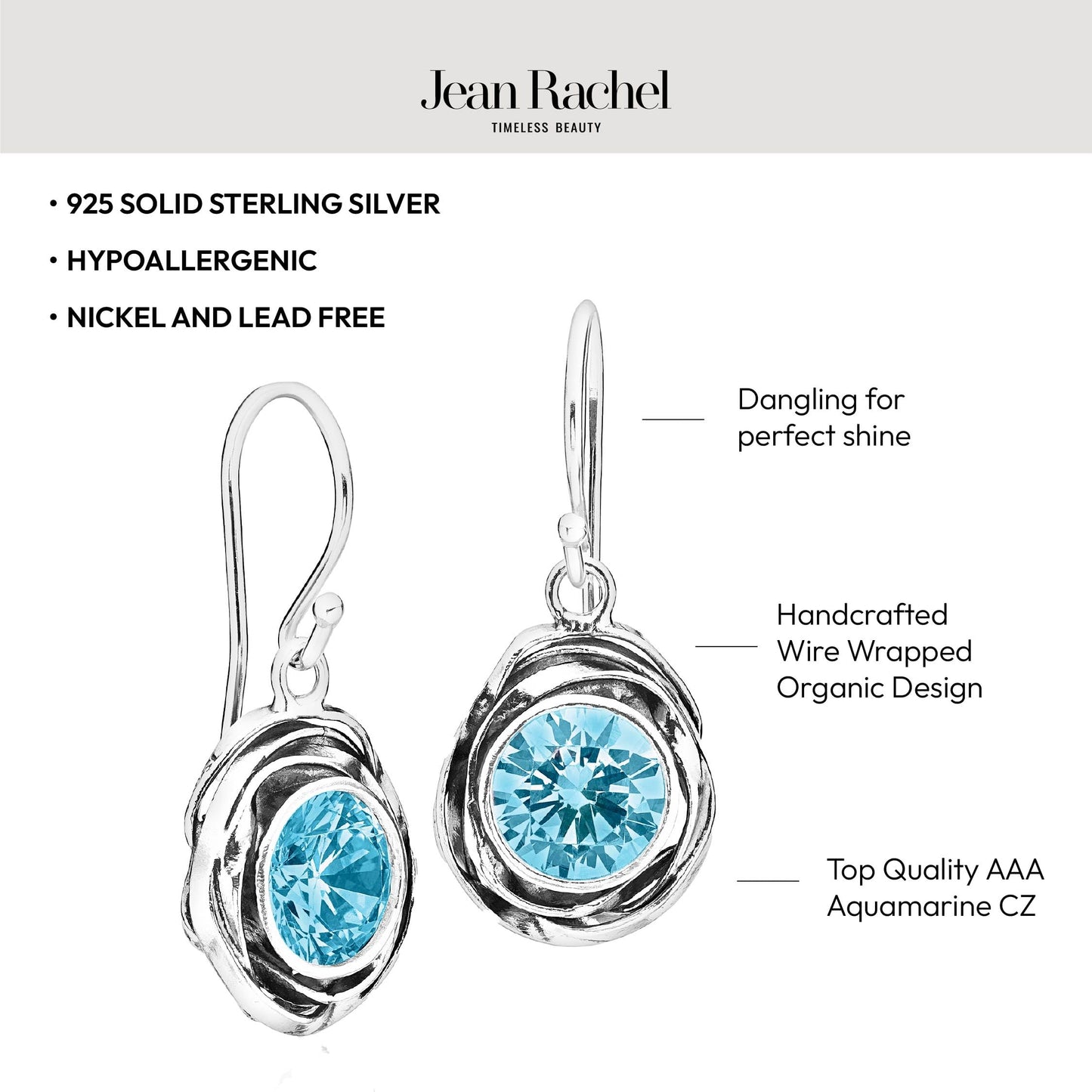 JEAN RACHEL JEWELRY 925 Sterling Silver Dangle Earrings for Women-Wire Wrap with Bezel Set Cubic Zirconia Vintage Design-HypoallergenicLead&Nickel FreeArtisan Handcrafted Statement Earrings,Aquamarine
