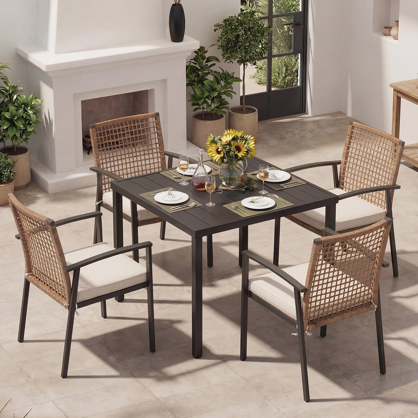 EO Living 5 Pieces Patio Dining Set, Outdoor Furniture Set of 6 Chairs with Soft Cushion and Rectangular Table with Umbrella Hole,Outdoor Dining Set for Backyard, Garden and Poolside
