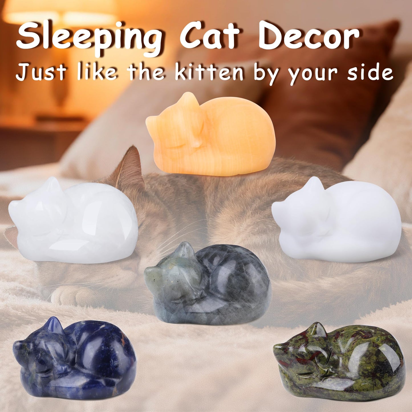 YATOJUZI 2" Cat Decor Figurines White Labradorite Crystals Sleeping Cats Decor Hand Carved Cute Crystal Animal Statues Decors Room Home Office Desk Decorations Cat Gifts for Women