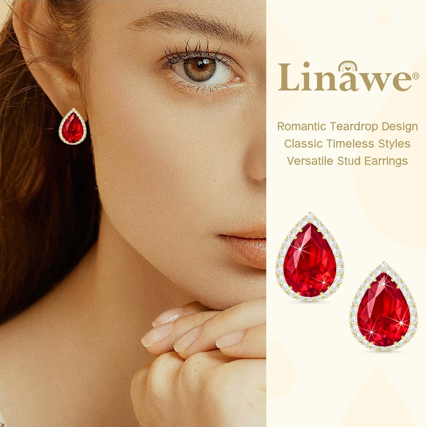 Linawe Red Stud Earrings for Women, Gold Imitation Diamond Earrings Studs, Ruby Cubic Zirconia Teardrop Rhinestone Crystal Wedding Earrings for Bridal Bridesmaid, Ear Piercing Jewelry