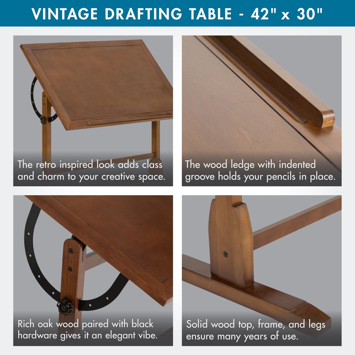 Studio Designs Vintage Drafting Table - Antique Design Solid Wood Drafting Table with Built-In Pencil Groove and Pencil Ledge - Angle Adjustable Work Surface