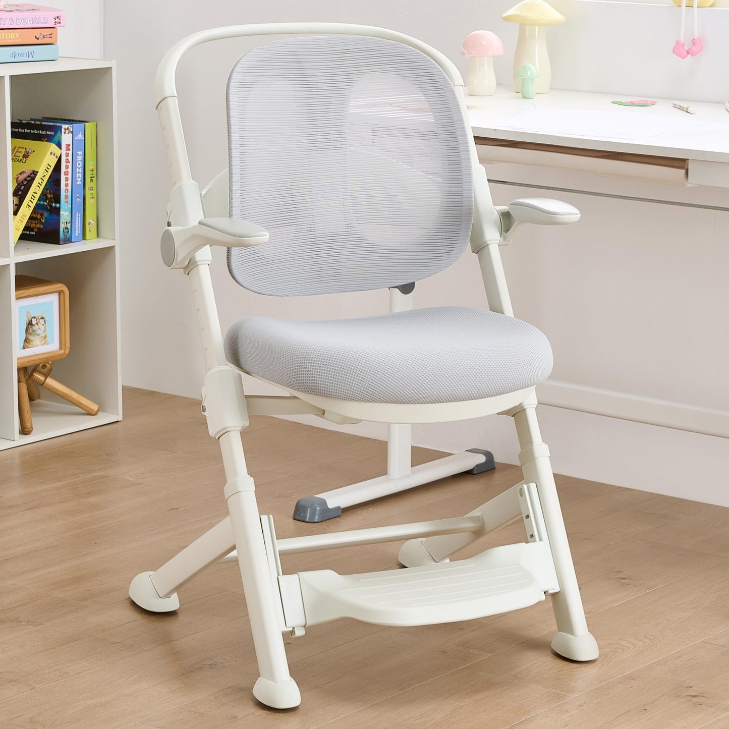 ERIYA Kids Desk Chair,Ergonomic Chair: Breathable Mesh Back, Adjustable Seat, Flip-Up Armrests, Footrest, Lumbar | Ideal for Kids, Petite Adults – Ultra-Comfy for Study/Work (Grey)