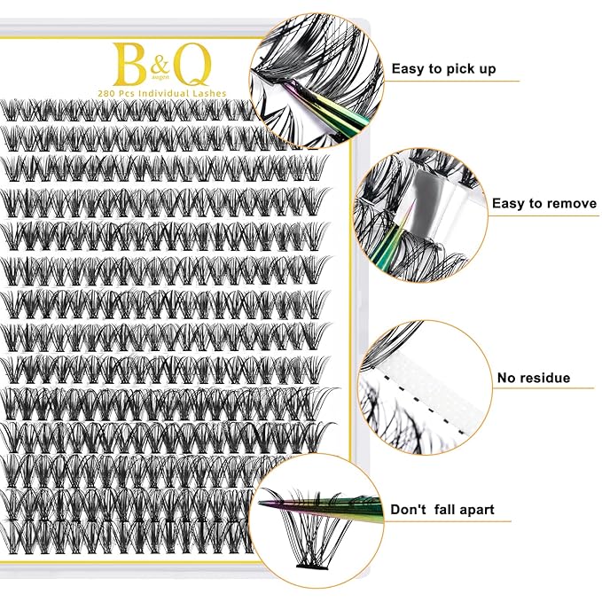 B&Q Lash Clusters 280PCS Natural Eyelash Clusters 40D D 12mm Individual Lash Wispy Eyelash Extension with Soft Thin Band Classic Look Pestañas Postizas Comfortable DIY at Home(40D-D-12mm)