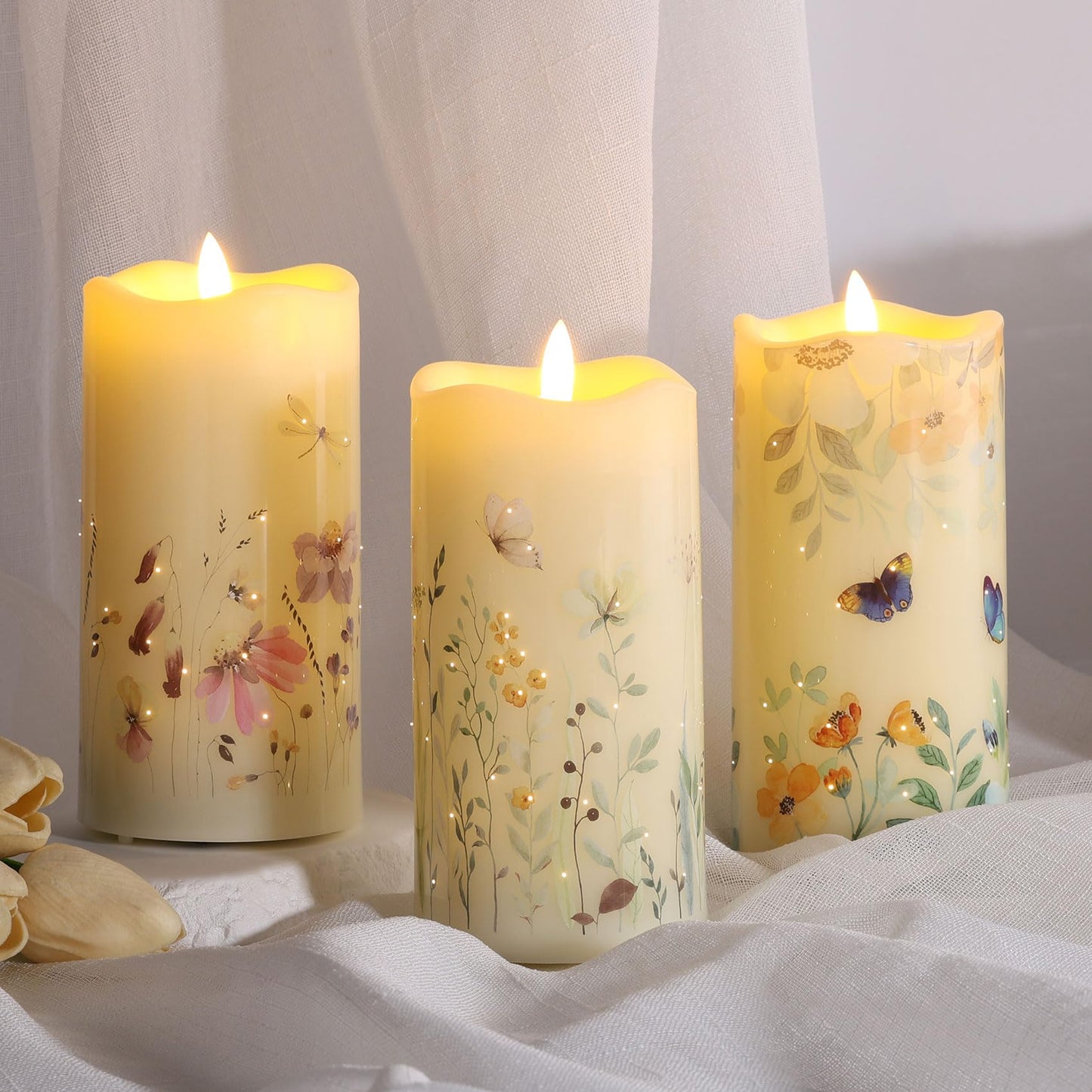 Eywamage Fiber Optic Flameless Pillar Candles with Remote Set of 3, Butterfly Floral Spring LED Candles Battery Operated Gift Φ 3" H 6"""