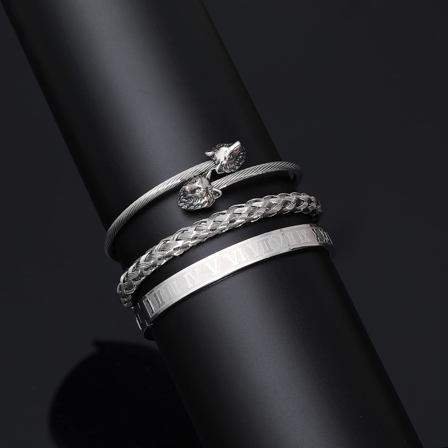 WFYOU 3PCS Stainless Steel Bracelets for Men Gold Roman Numeral Bangle Bracelet Twisted Cable Bracelet Adjustable Cuff Bracelet Mens Luxury Jewelry Bracelets Gifts(M:Silver)