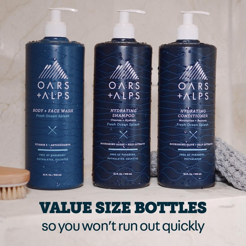 Oars + Alps Body Wash for Men, Mens Body Wash & Face Cleanser with Vitamin E & Antioxidants, Moisturizing, Paraben & Sulfate Free Cleanser, Fresh Ocean Splash, 32oz