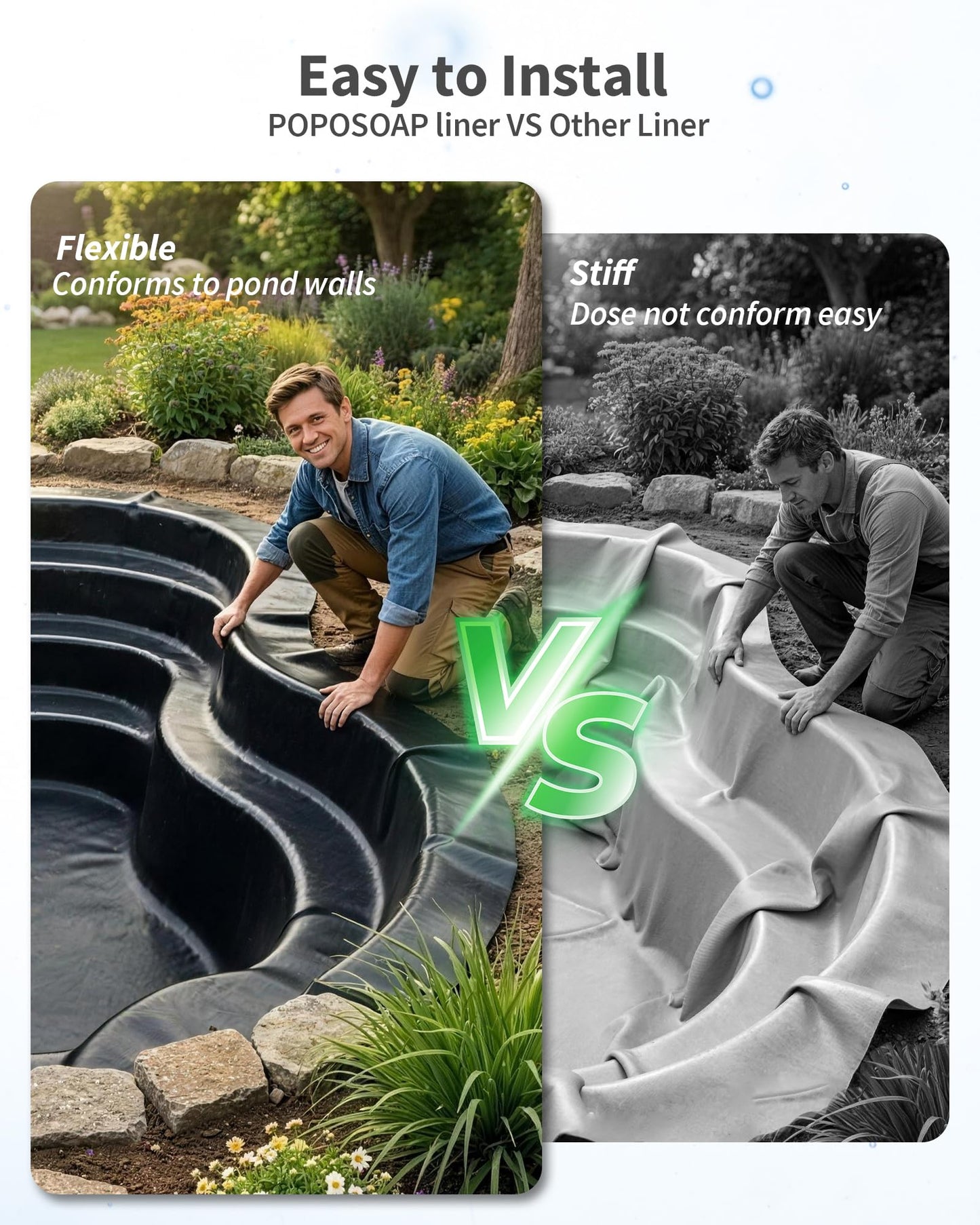 POPOSOAP Pond Liner, Mil Fish Pond EPDM Liner, U-V Resistant Preformed Garden Pond Liners for Outdoor Ponds, Koi Ponds, Garden Fountain, Waterfalls 13 x 13 FT 45Mil