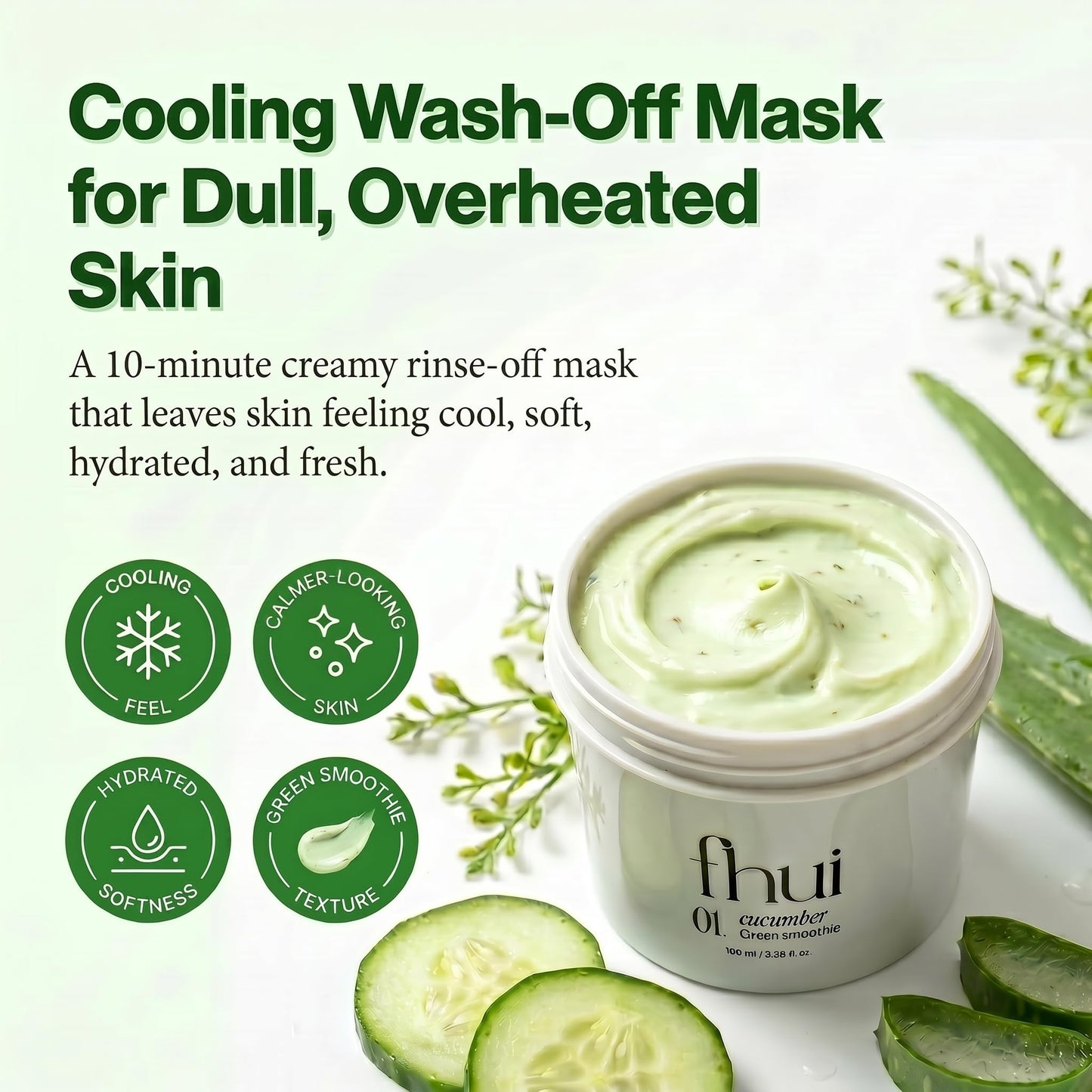 Cucumber Basil Face Mask Korean Skincare | Cooling Wash-Off Mask for Redness Relief & Sensitive Skin | Green Smoothie Mask with 3,500ppm Cucumber, Glutathione & 10 Types Hyaluronic Acid | K-Beauty