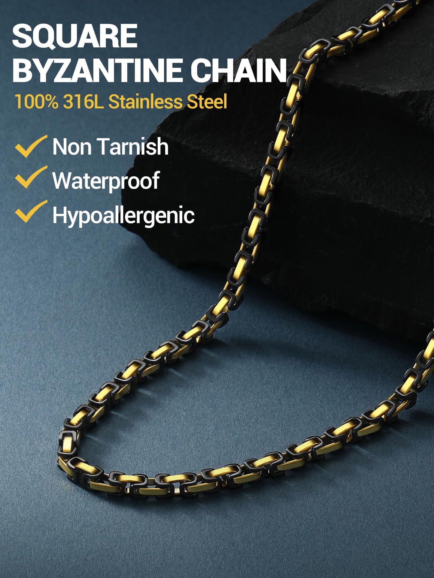 PROSTEEL Byzantine Necklace Gold Black Stainless Steel Chain For Men Necklaces 24 Inch