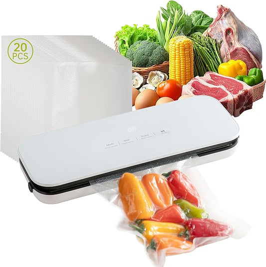 THETCHRY Vacuum Sealer For Food,6-In-1 Food Sealer Machine with 20 Large Vacuum Bags,Built-In Water Tank&Cutter,Powerful Low- Noise Food Saver with Glass Touch Screen,White