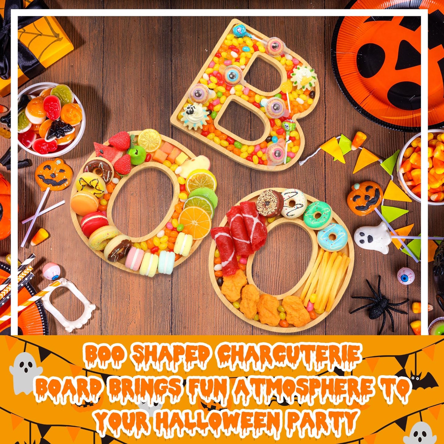 FillTouch Boo Wooden Charcuterie Letters Fillable Halloween Serving Tray Charcuterie Board Dish Decorative Cheese Platter for Snack Food Cake Cookies for Halloween Party