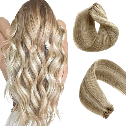 Sew In Real Human Hair Blonde Highlights Weft Extensions - Remy Hair Ash Brown Mix Platinum Blonde Hand Tied Weft - 14inch 80g