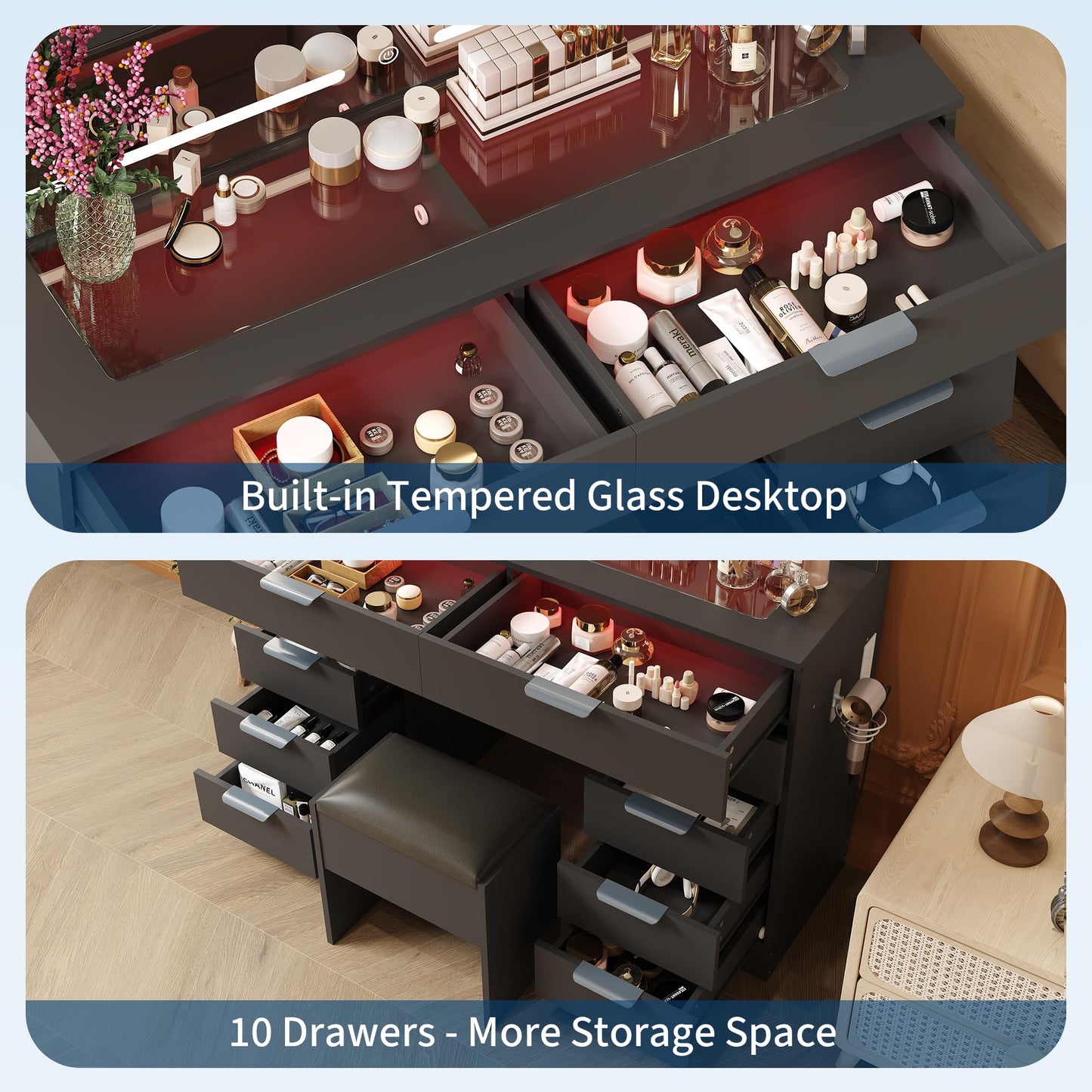 IDEALHOUSE Large Vanity Desk with Mirror, Clear Glass Top, Stool, LED Lights and Power Outlet, 45'' Width Makeup Vanity Table Set with 10 Drawers for Bedroom Dressing Room
