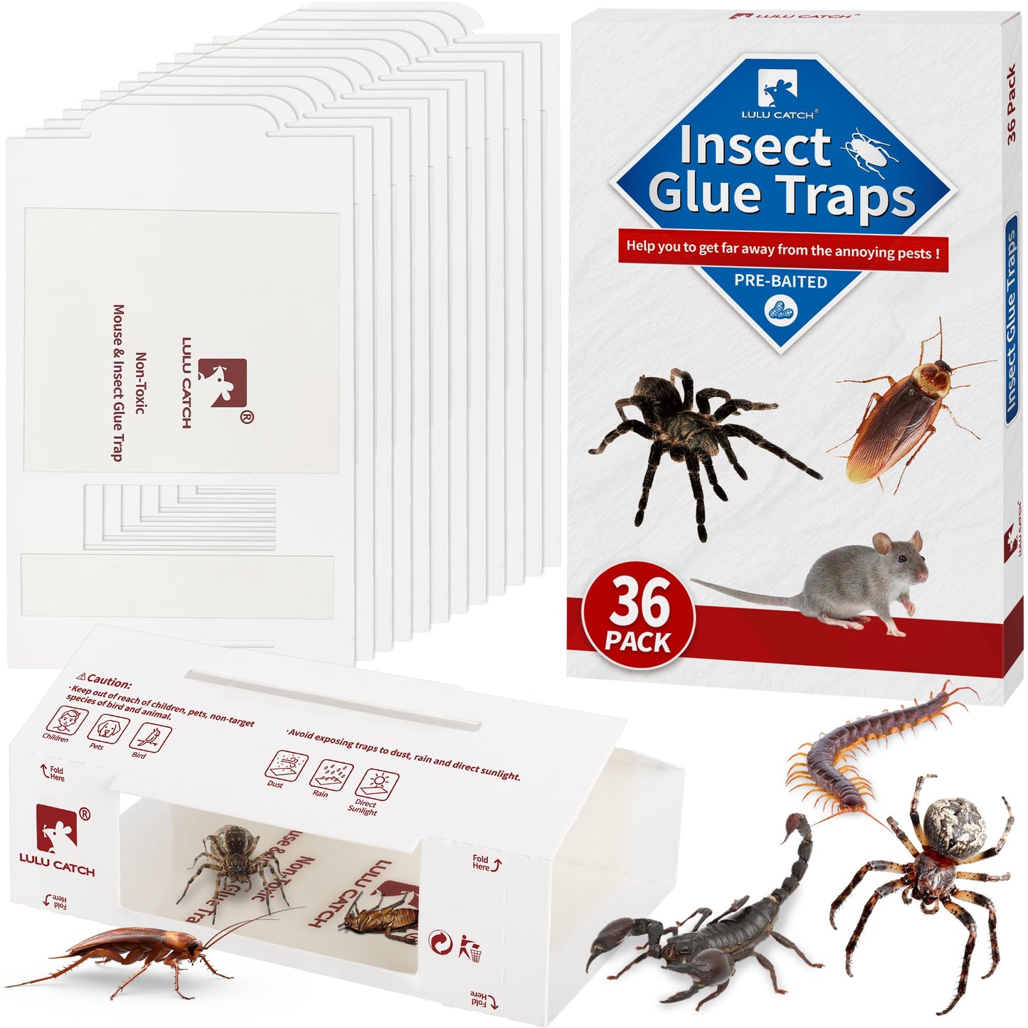 LULUCATCH Mouse Traps, 36Pack Pre-Baited Sticky Mouse Traps Indoor for Home, Non-Toxic Bulk Sticky Pads, Glue Traps for Rats, Bugs, Spider, Mice, Cockroach, Pet Safe, Easy to Use