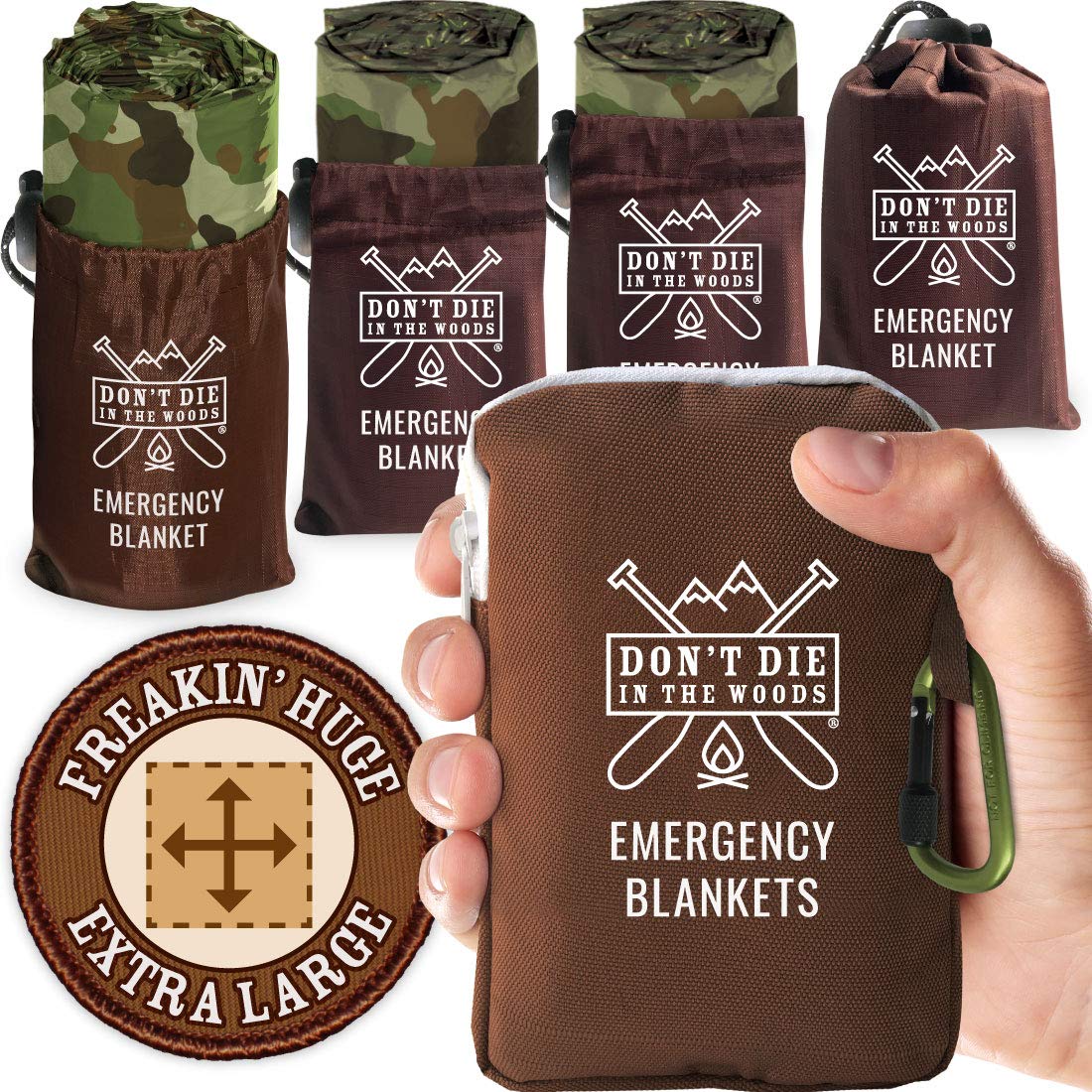 Don't Die In The Woods - Freakin’ Huge Emergency Blankets [4-Pack] Extra Large Thermal Mylar Space Blanket - One of The Ten Essentials Outdoor Survival Gear for Hiking Camping First Aid Kit (Camo)