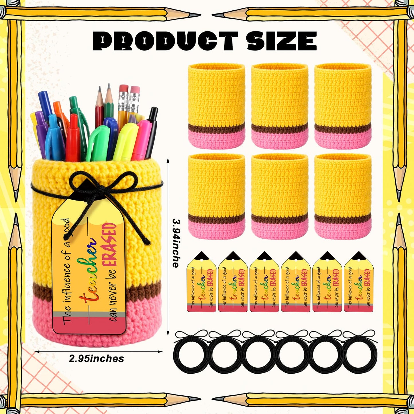Rivvlive 6 Set Crochet Teacher Appreciation Gift Pencil Holder with Positive Card Classroom Desk Stationery Storage Organizer Thank You Gifts for Teachers Educator Staff Office School Supplies