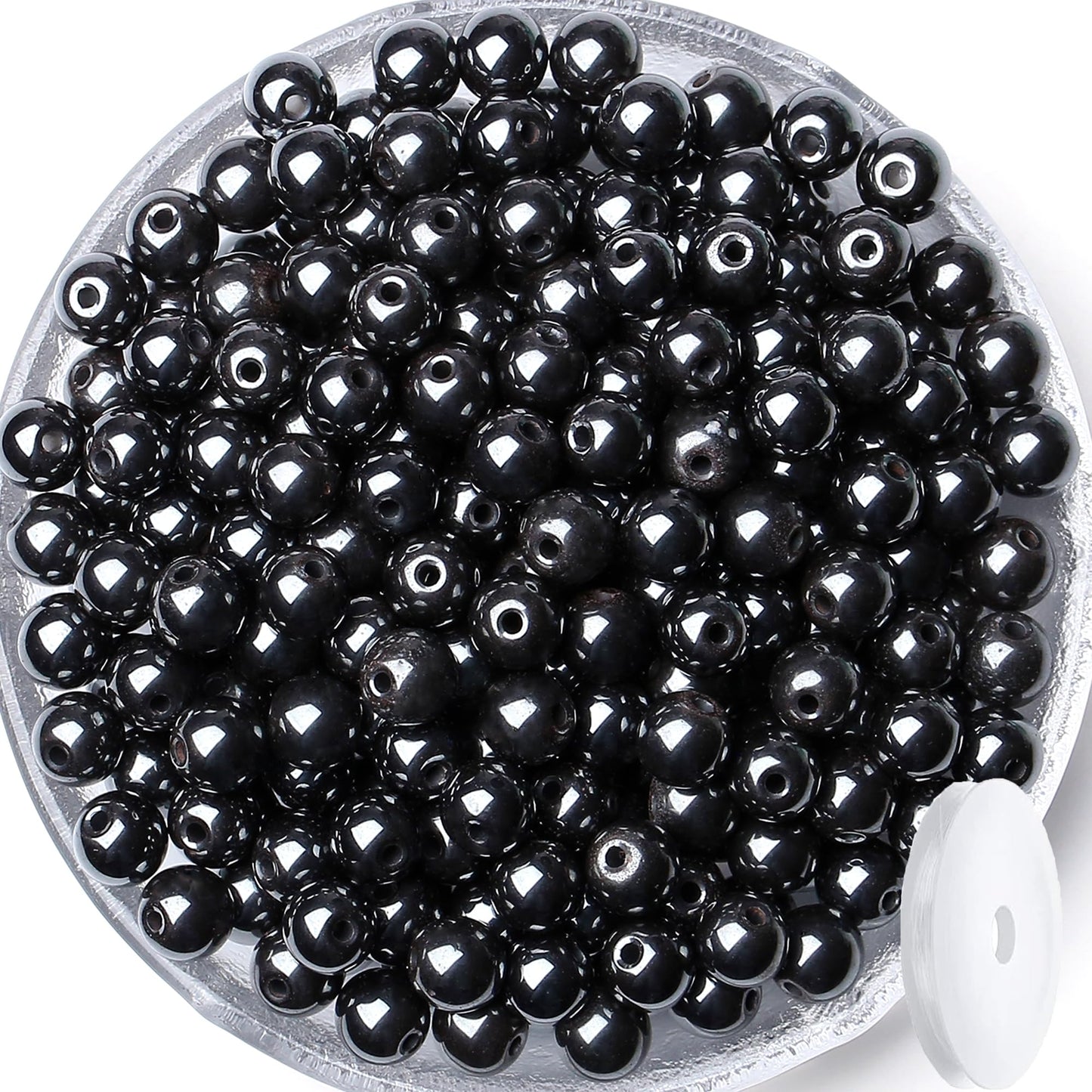 QINJIEJIE 100PCS Black Hematite Beads 8mm Natural Stone Beads Round Loose Gemstone Bead for Bracelet Beading Crystal Jewelry Making DIY Necklace Earrings 0.32"