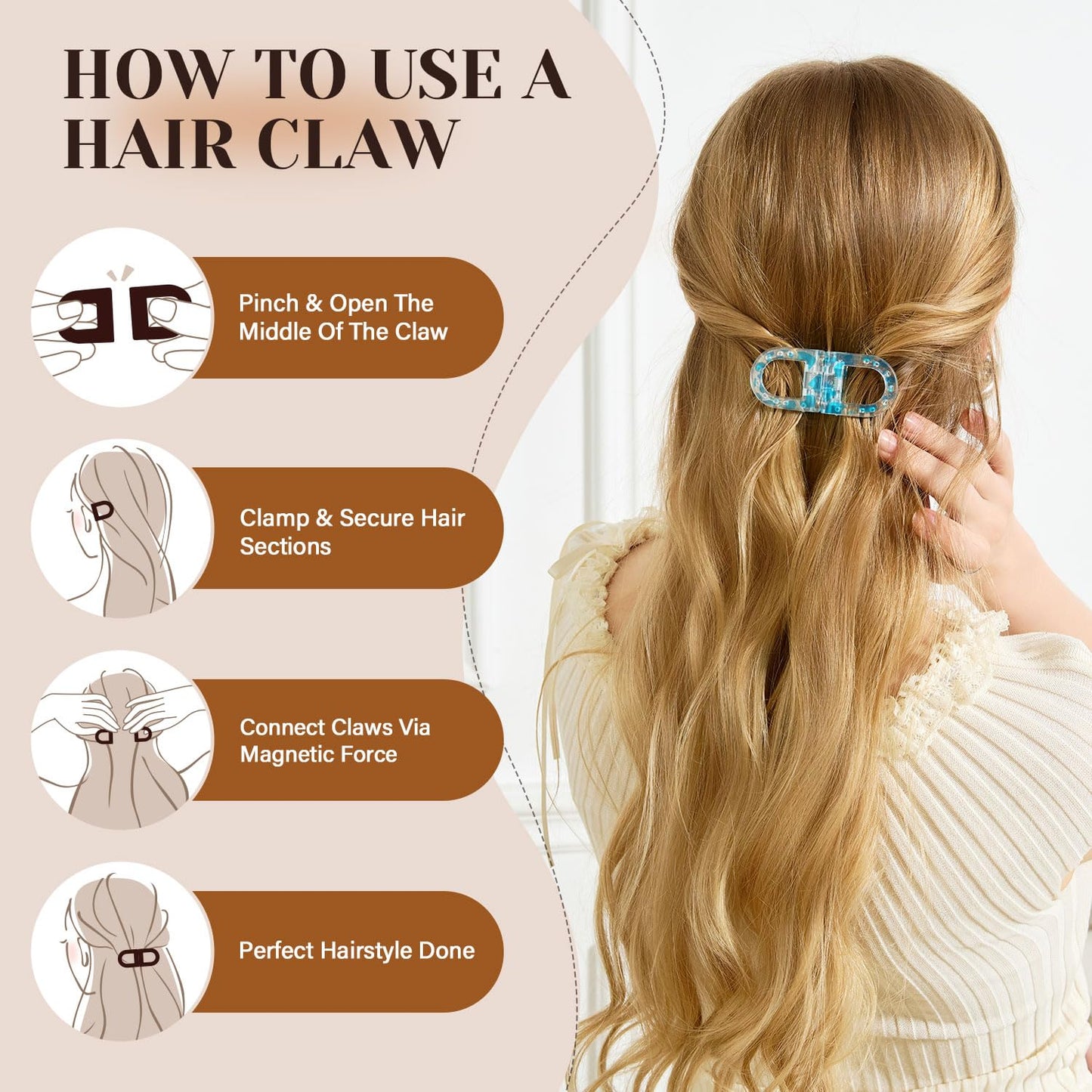 RCZETC Magnetic Hair Clips 2-Pack | Hair Clips for Styling & Thick Hair | Claw Clips & Barrettes for Women | Strong Hold Non-Slip No-Crease Hair Barrettes（Leopard Print + Blue）