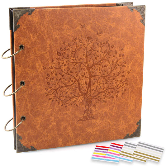 ADVcer Photo Album DIY Scrapbook 10x10 inch 50 Pages Double Sided, Vintage Leather Cover Three-Ring Binder Picture Booth + 408pcs Self Adhesive Photos Corners for Memory Keep (Family Tree Brown Sugar)