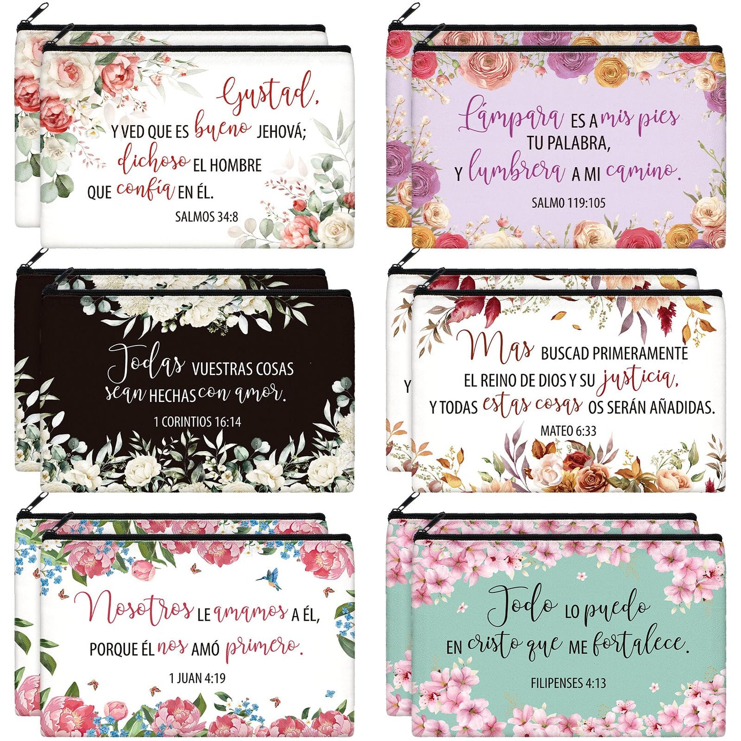 Kacctyen 18 Pcs Spanish Bible Christian Women's Religious Gift Cosmetic Bags Inspirational Bible Verse Pencil Pouch Motivational Makeup Bag with Zipper for Travel (Fresh)