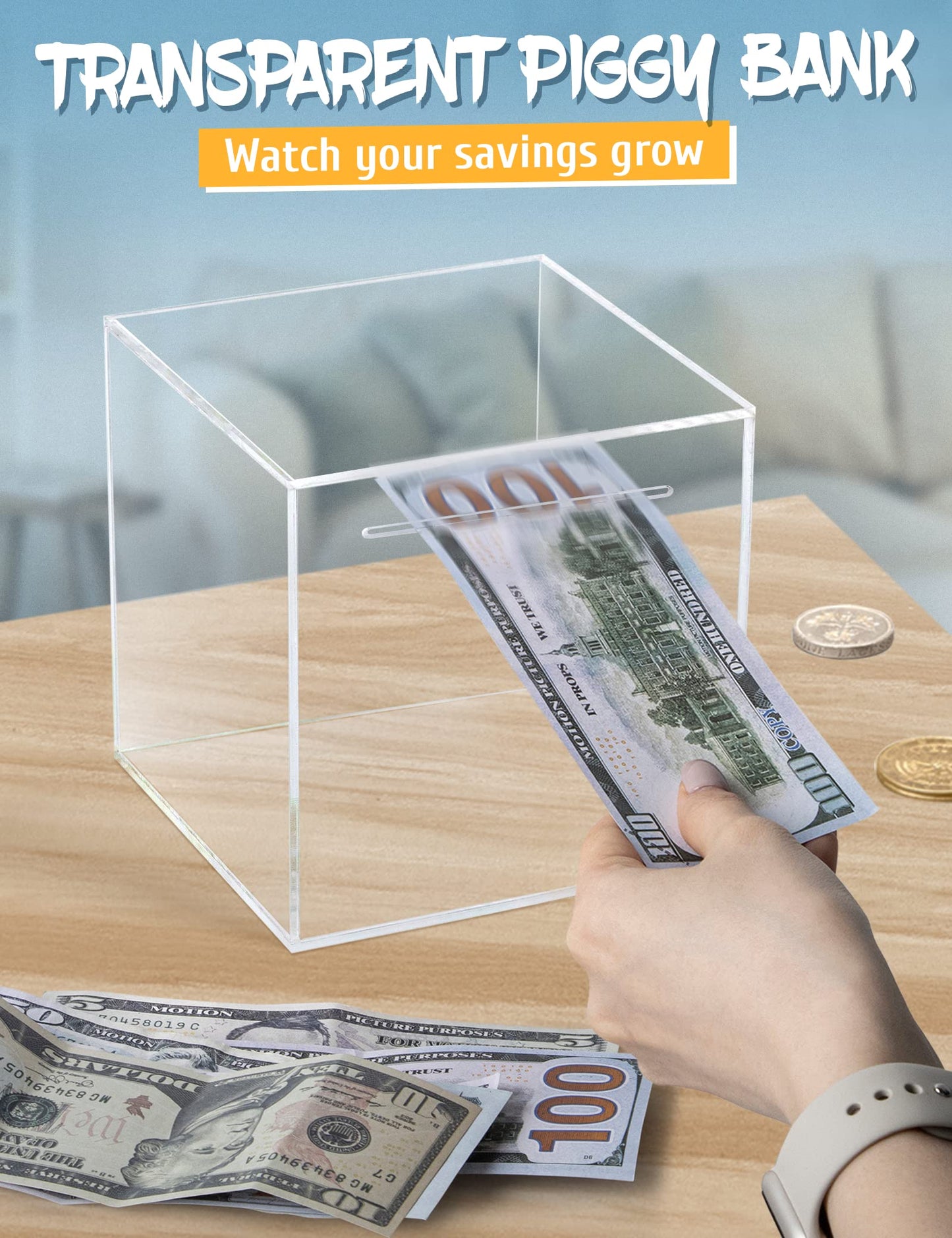 Kypeeka Clear Acrylic Piggy Bank for Adults Kids, Clear Money Saving Box Must Break to Open, Unopenable Piggy Bank for Cash Coins - 4.72"