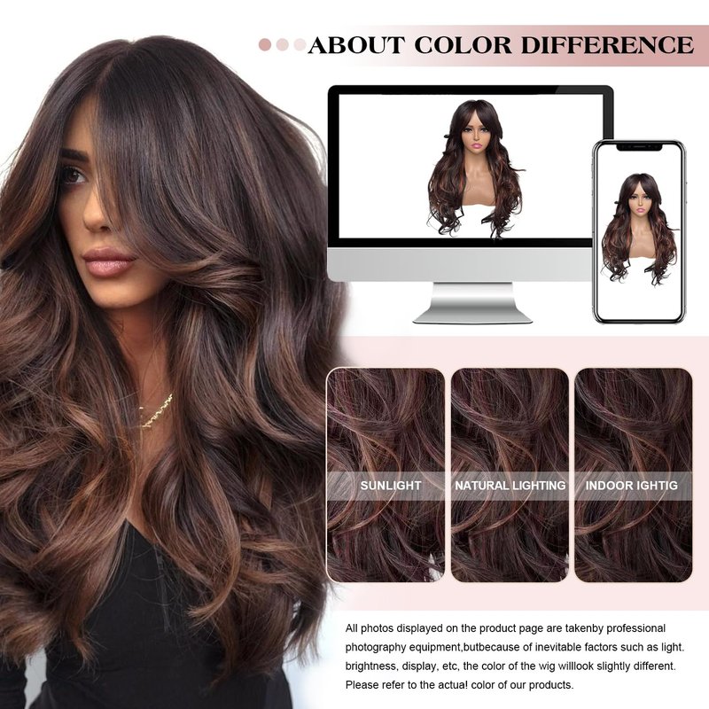 Aisaide Long Wavy Highlight Brown Layered Wig with Curtain Bangs for Black Women Synthetic Ombre Brown Layered Wig Long Wavy Highlight Blonde Shaggy for Women 24 inch