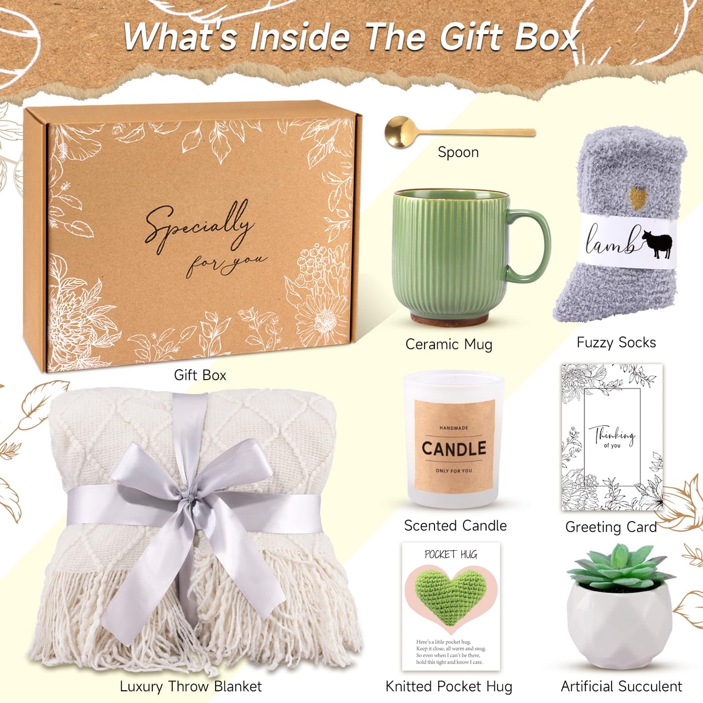 Mothers Day Gifts for Mom, Get Well Soon Self Care Package Box for Women, Birthday Gift Thinking of You Inspirational Sympathy Basket Sending Hug Feel Better Box for Wife Friend Sister (Ivory)