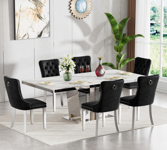 7-Piece Faux Marble Dining Table Set for 6, 63-94.5" Large Extendable Kitchen Table Set with 6 Black Tufted Chairs, Modern Expandable Dining Room Table for 6 8 10 with Mirrored Double Column Base