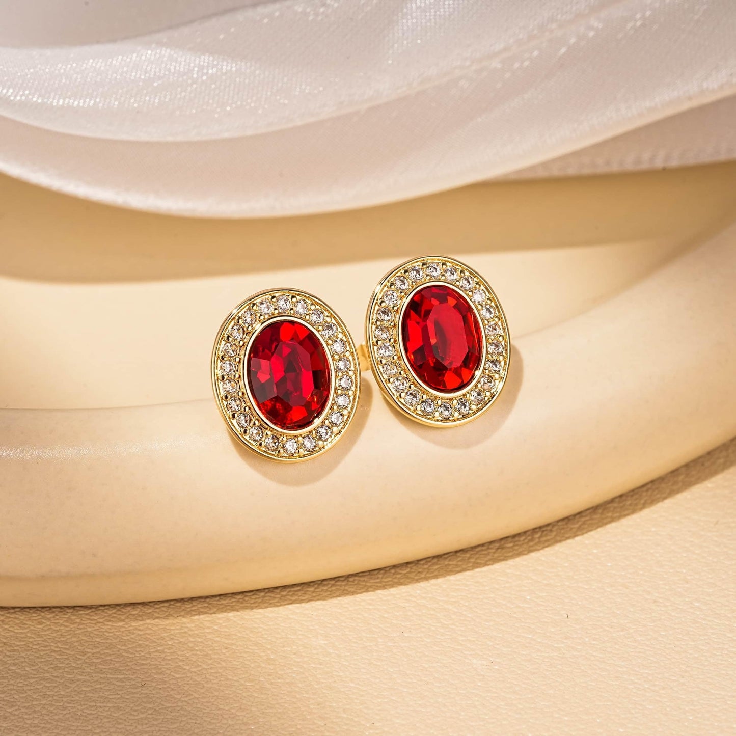 EVEVIC Austrian Crystal Halo Oval Stud Earrings for Women Trendy,14k Gold Plated Hypoallergenic Earring Jewelry Gift (Red)