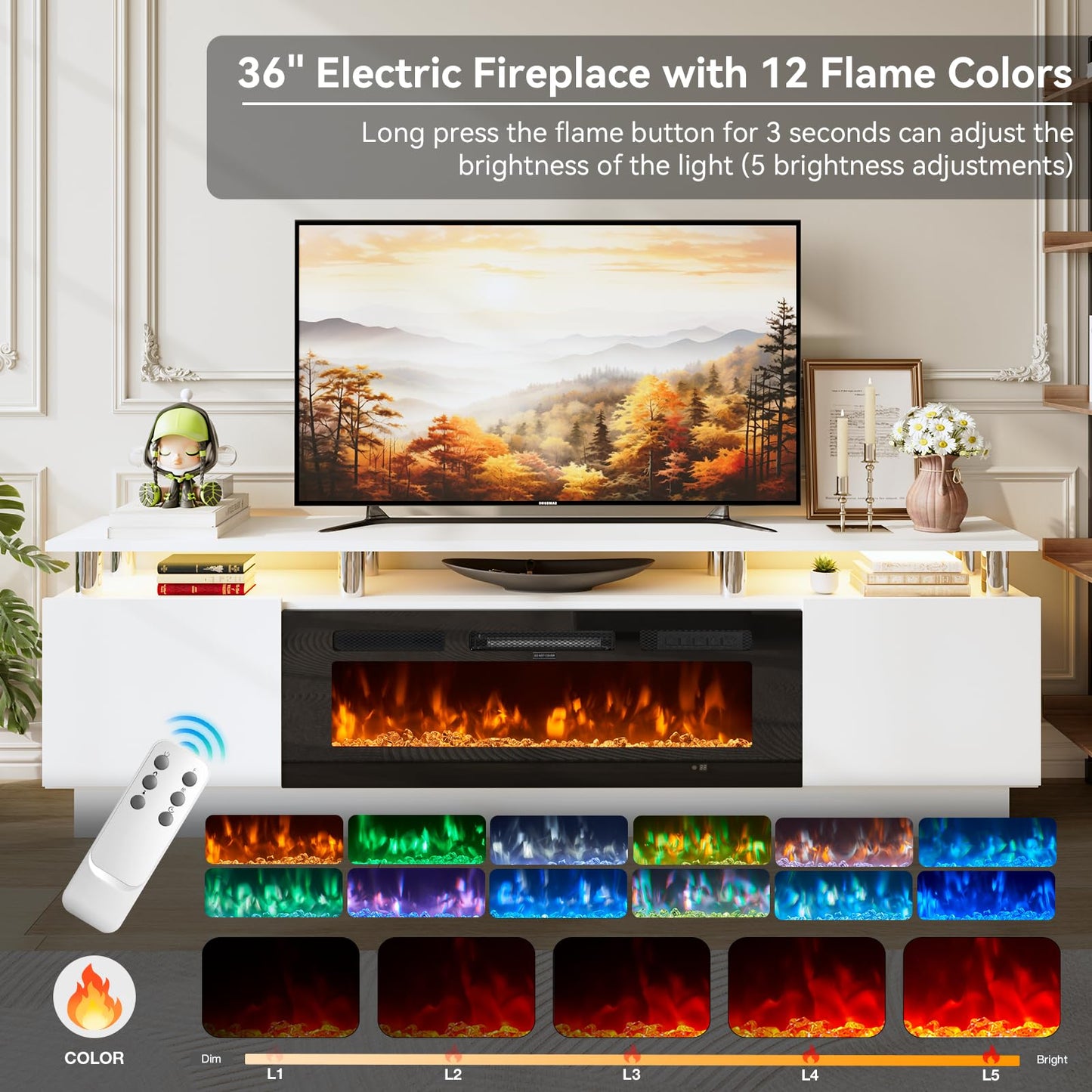 OneBlis 70" TV Stand & Entertainment Center, Media Console with Storage Shelves, Fits TVs up to 80", Modern Living Room Furniture, 36" Electric Fireplace (White+Black)