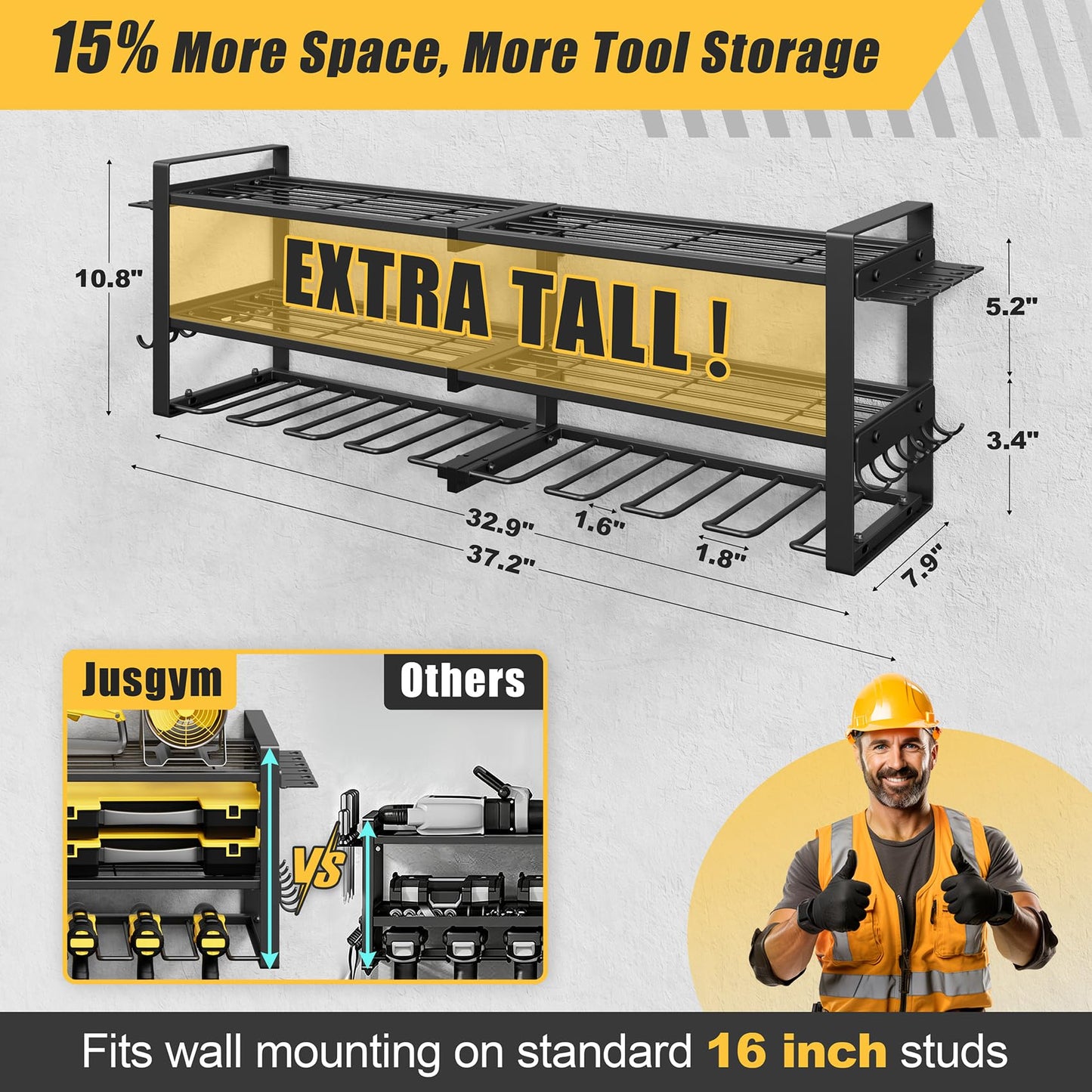 Jusgym Power Tool Organizer Wall Mount |350lbs Garage Tool Storage Rack with 6 Cordless Drill Holder |3-Tier 32''W Heavy Duty Garage Organization |Fathers Day Dad Gifts for Men