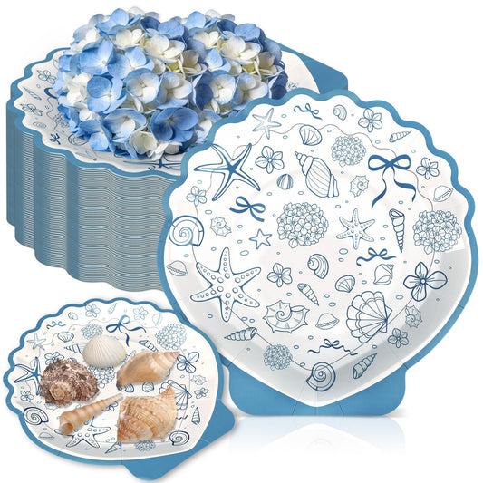Acellegic 40pcs 7inch Seashell Paper Plate Ocean Seashell Beach Coastal Party Supplies Disposable Blue Bow Hydrangea Starfish Plate Seaside Favor for Summer Beach Wedding Bridal Shower Birthday Party