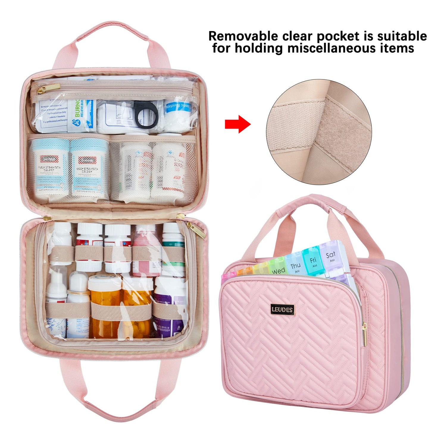 Leudes Travel Pill Bottle Organizer,Medicine Organizer and Storage,Home Medication Bag, Cases,Carrier for Pills,Vitamin,Fish Oil,Supplements for Women and Men (Medium, Pink)