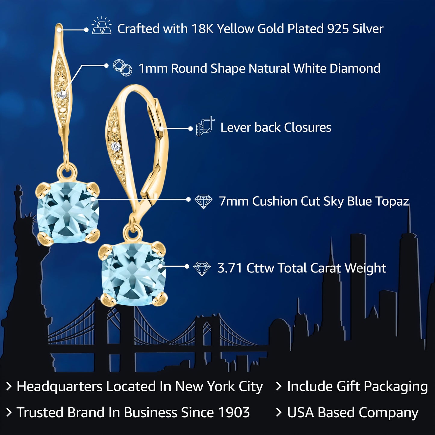 Gem Stone King Drop Dangle Earrings For Women | 7MM Cushion Cut Gemstone Birthstone and Diamond | 925 Sterling Silver | Jewelry Gift for Mom Wife Her | Sky Blue Topaz-November | Yellow Gold