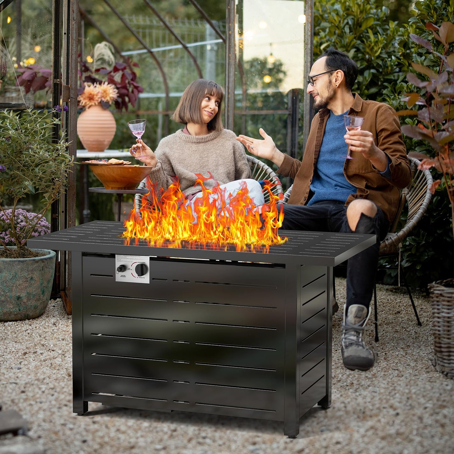 Xbeauty Fire Pit Propane Gas FirePit Table 43" Outdoor Fire Pit Rectangular Tabletop with Lid, Rain Cover, for Outside Garden Backyard Deck Patio