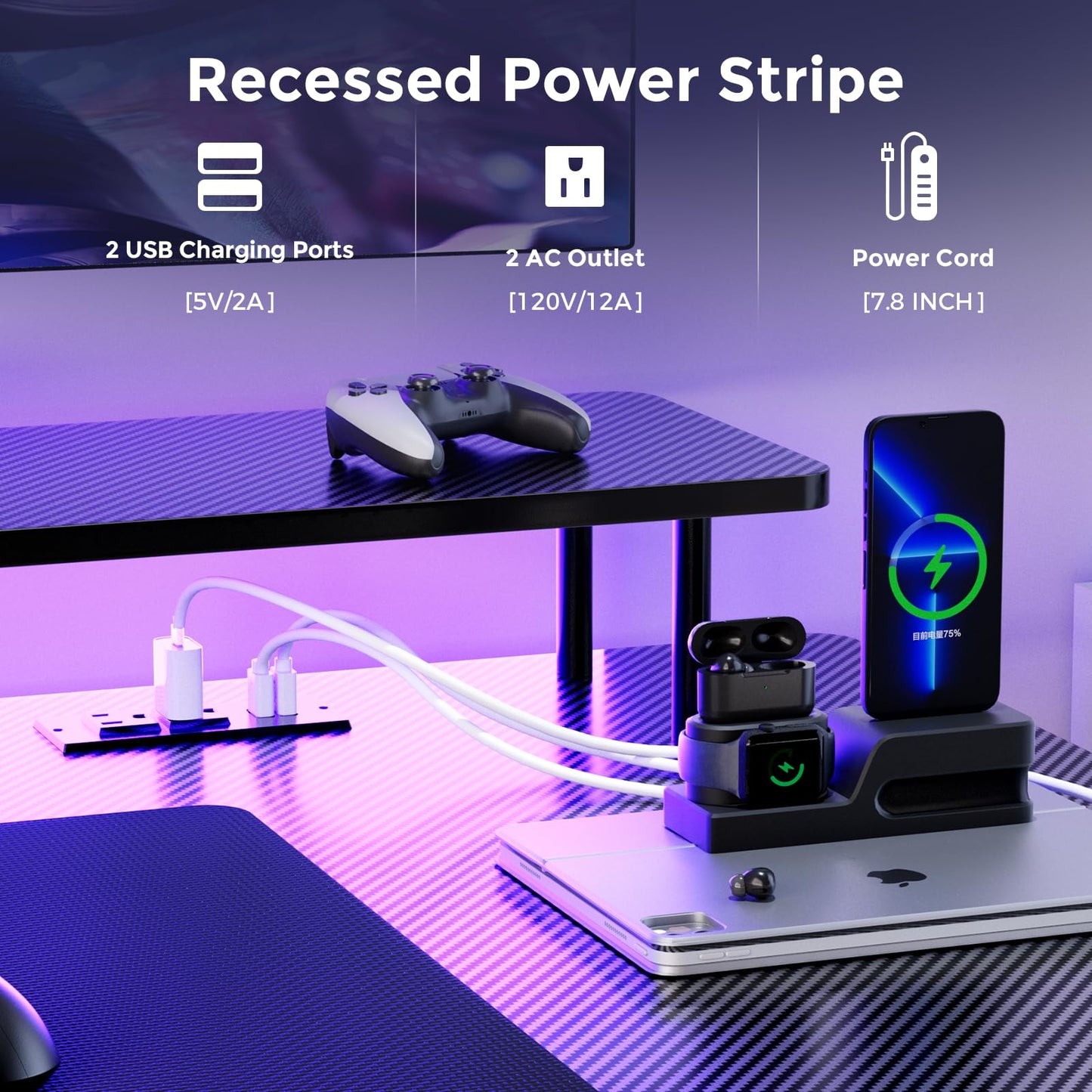 GTRACING Gaming Desk with LED Lights, 55 Inch Large Computer Gamer Desk with Monitor Stand & Power Outlet, Ergonomic Carbon Fiber Surface Gaming Table with Mouse Pad for Home Office, Carbon Black